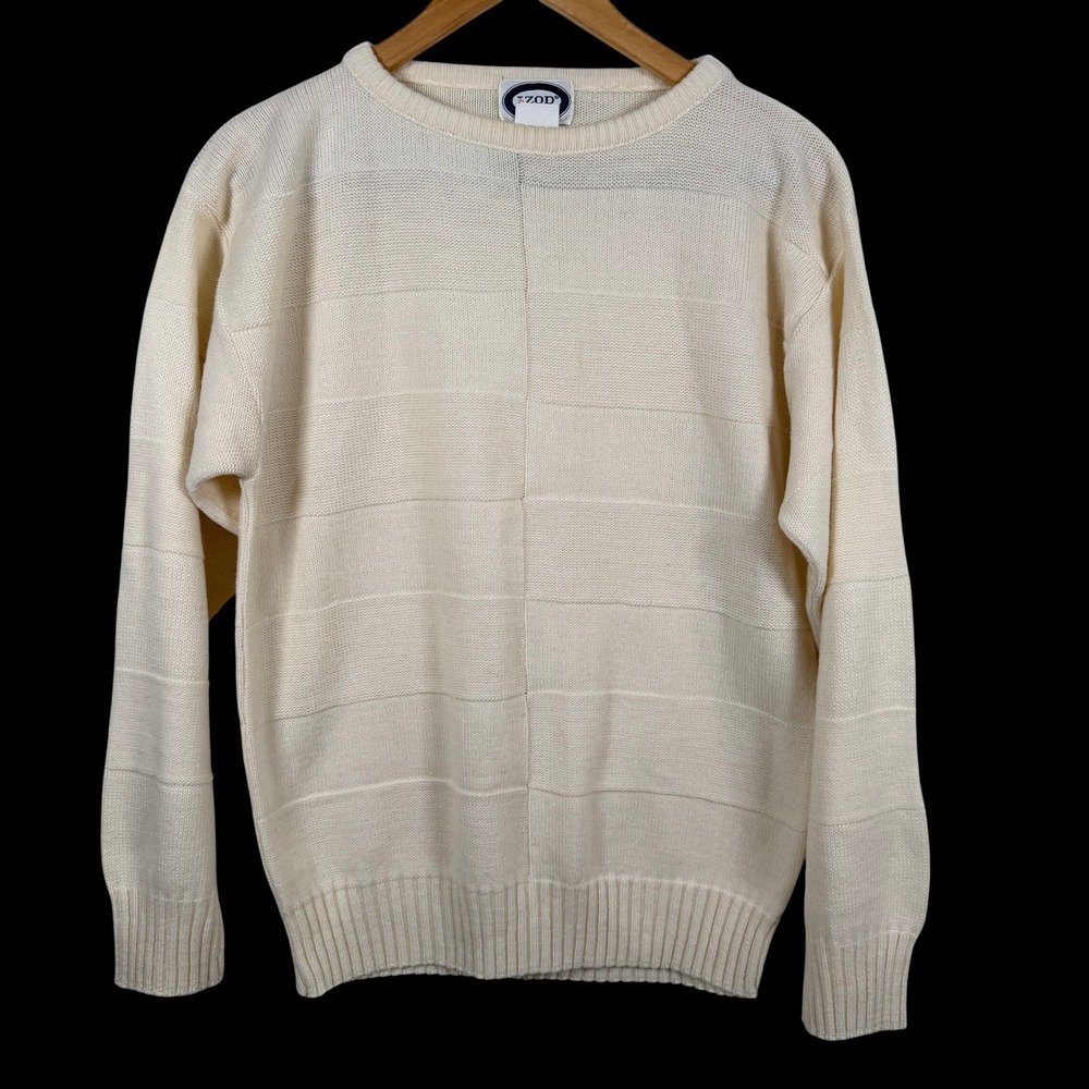Izod Sports Sweater Mens Medium Cream White Excellent Textured Knit Crewneck 90s